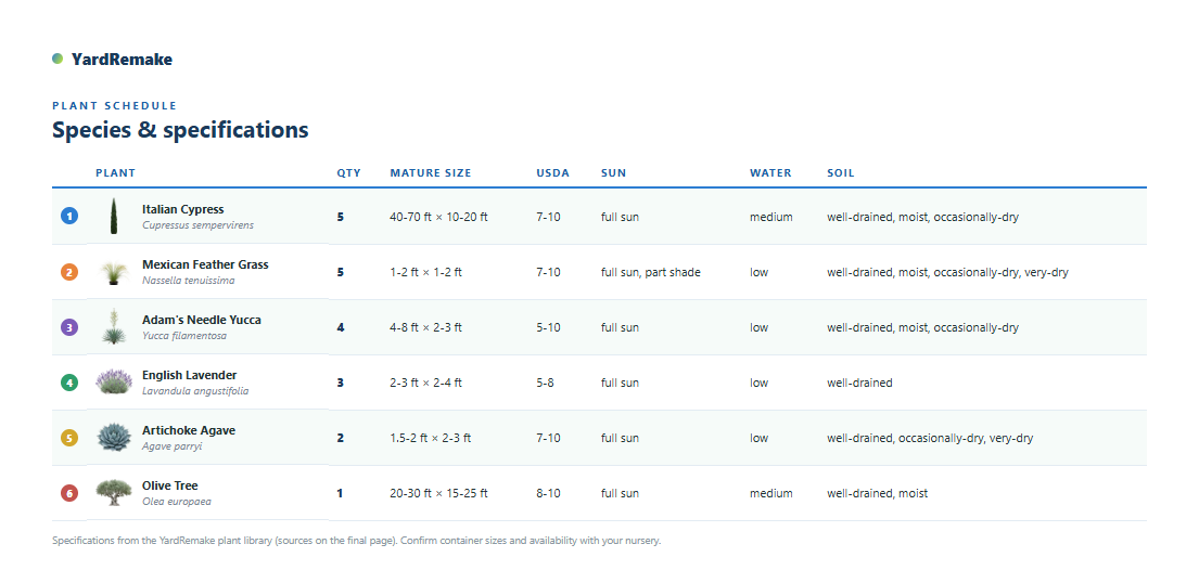 The plant schedule page listing each species with botanical name, quantity, mature size, USDA zone, sun, water and soil