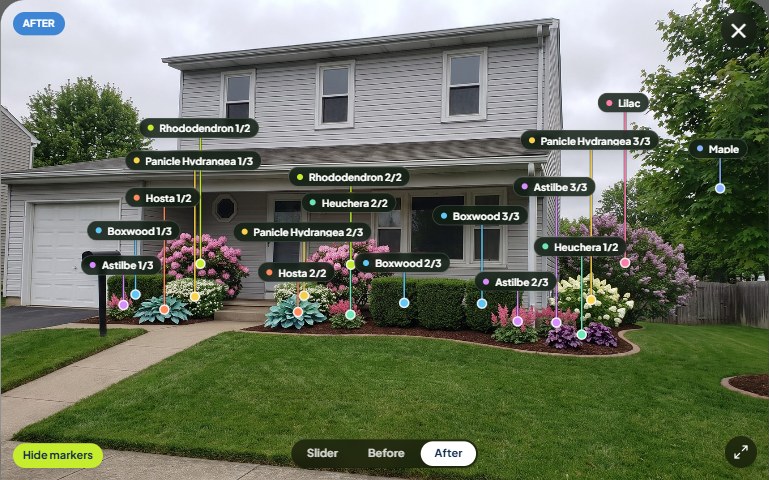 A finished front-yard design with a labeled marker on every plant