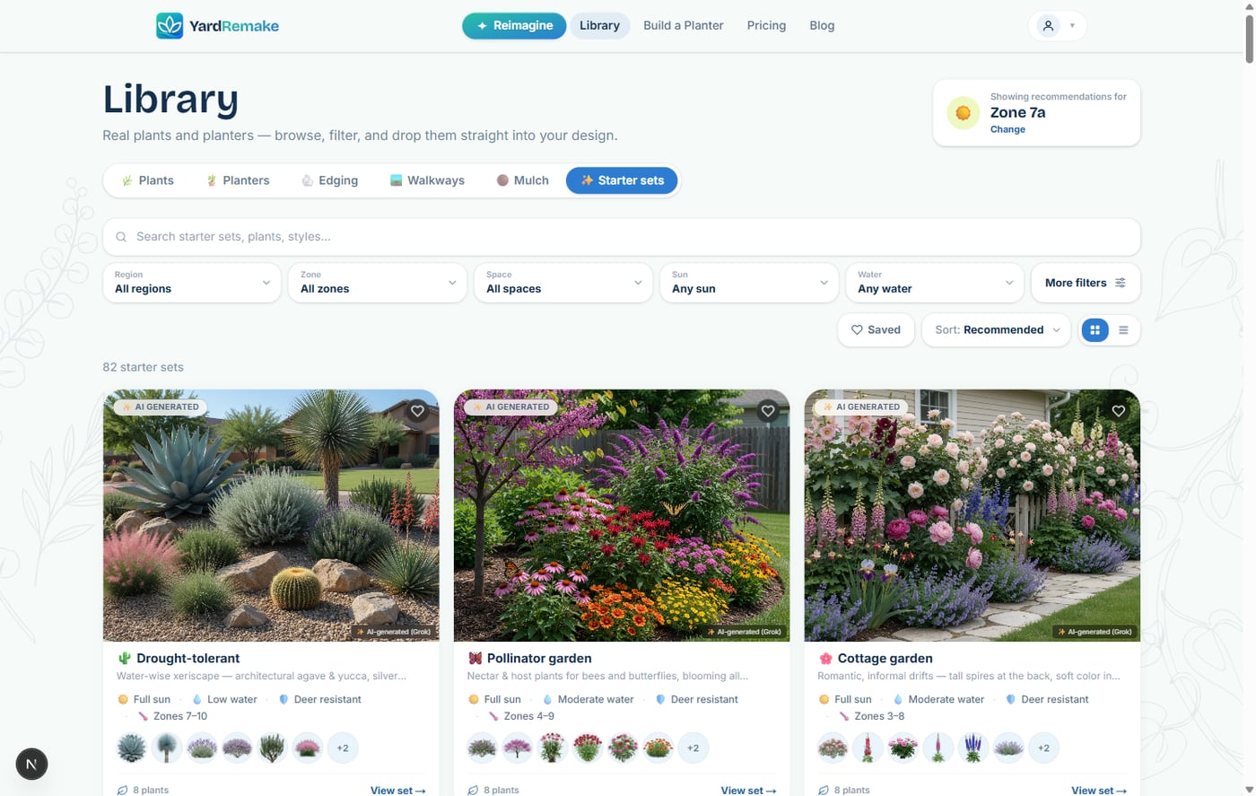 The redesigned library on the Starter sets tab with filters and the zone card