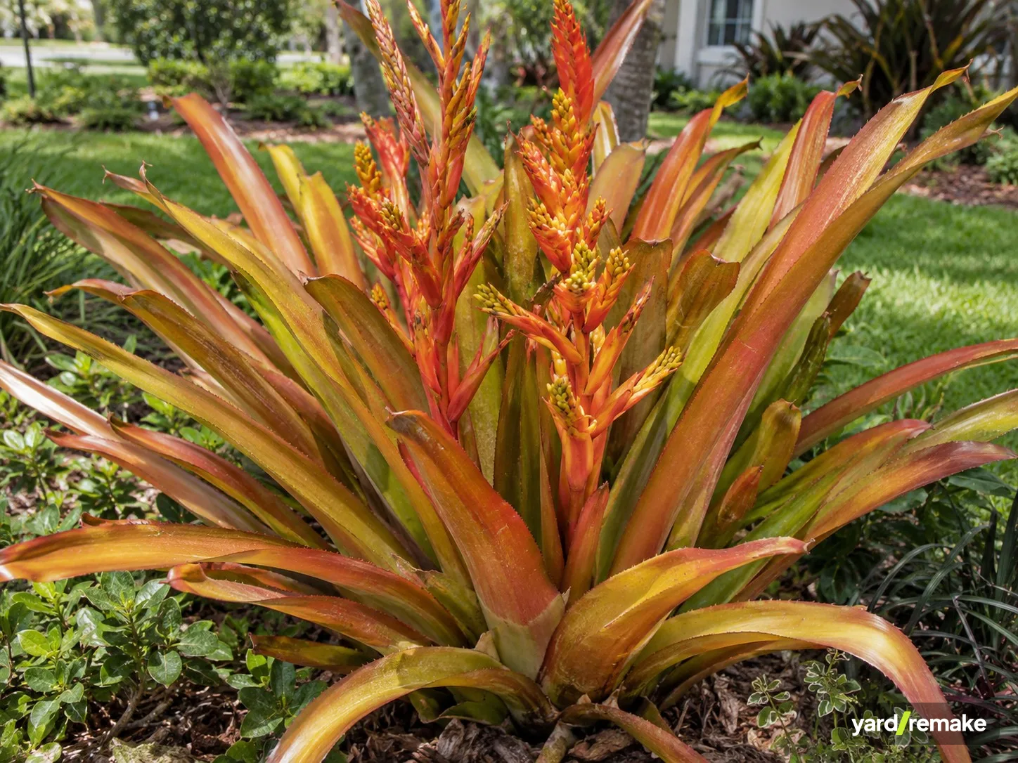 A mature Orange Bromeliad (Blanchetiana) (Aechmea blanchetiana) growing in a residential garden bed