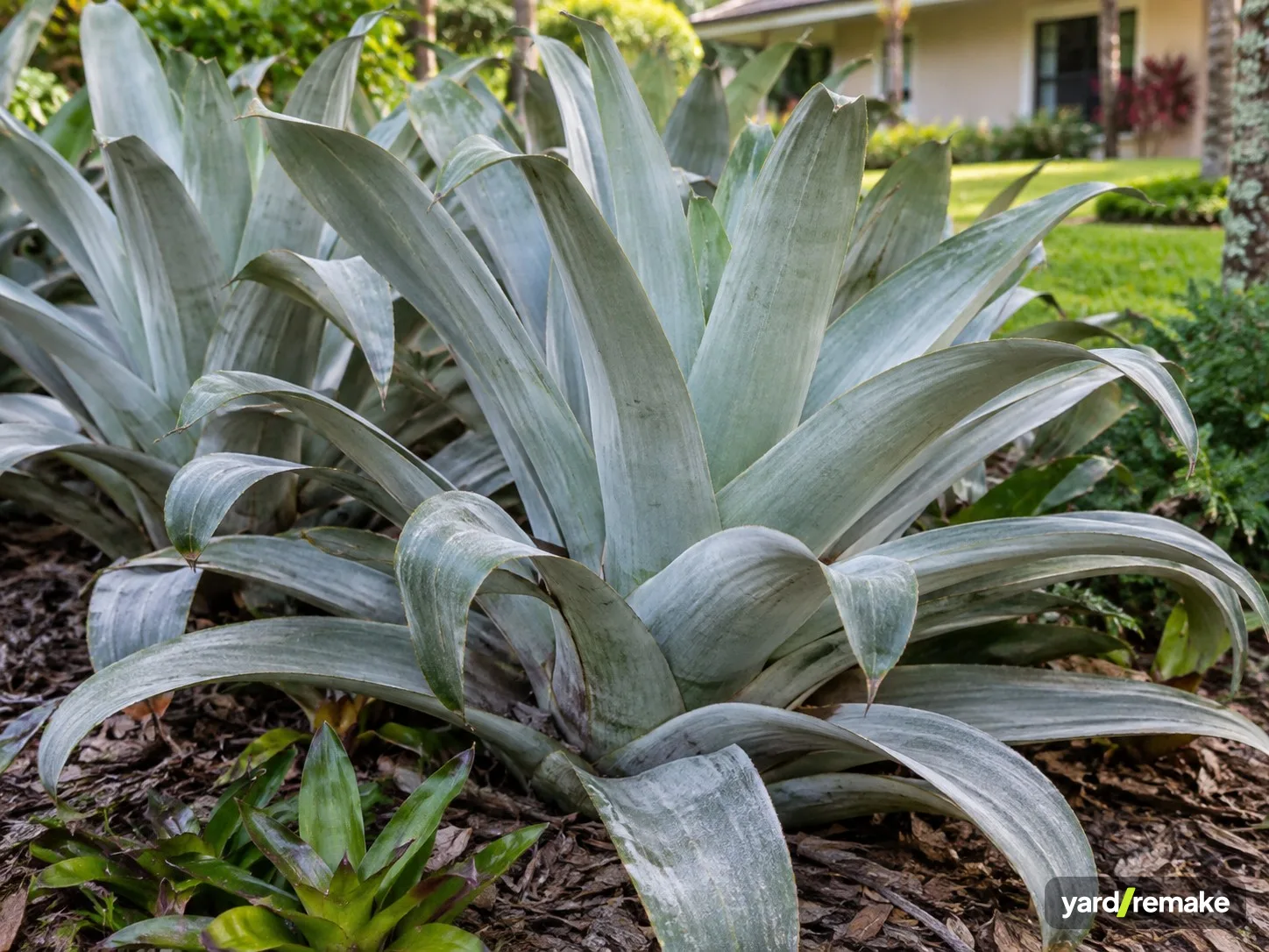 A mature Silver Bromeliad (Alcantarea) (Alcantarea odorata) growing in a residential garden bed