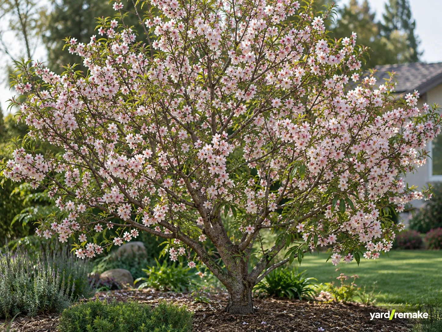 A mature Almond (Prunus dulcis) growing in a residential garden bed