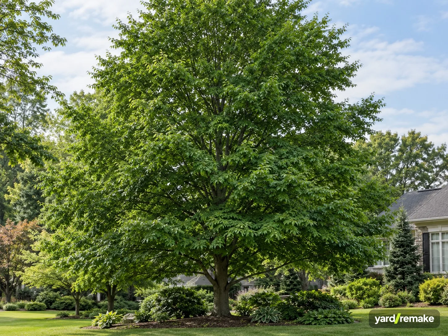 A mature American Beech (Fagus grandifolia) growing in a residential garden bed