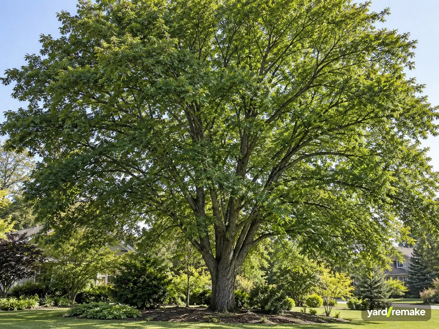 A mature American Elm (Ulmus americana) growing in a residential garden bed