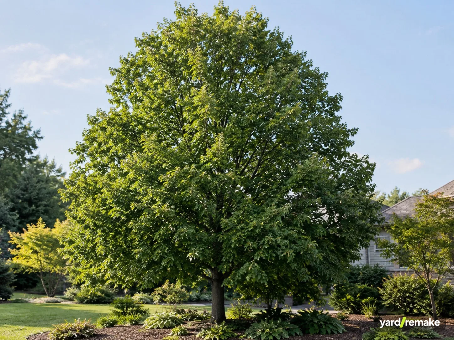 A mature American Linden (Basswood) (Tilia americana) growing in a residential garden bed