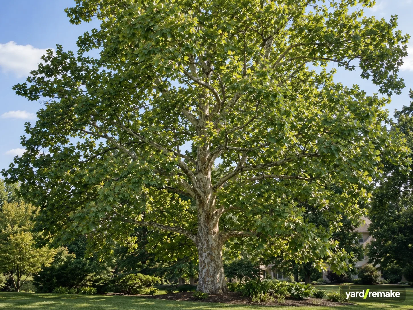 A mature American Sycamore (Platanus occidentalis) growing in a residential garden bed