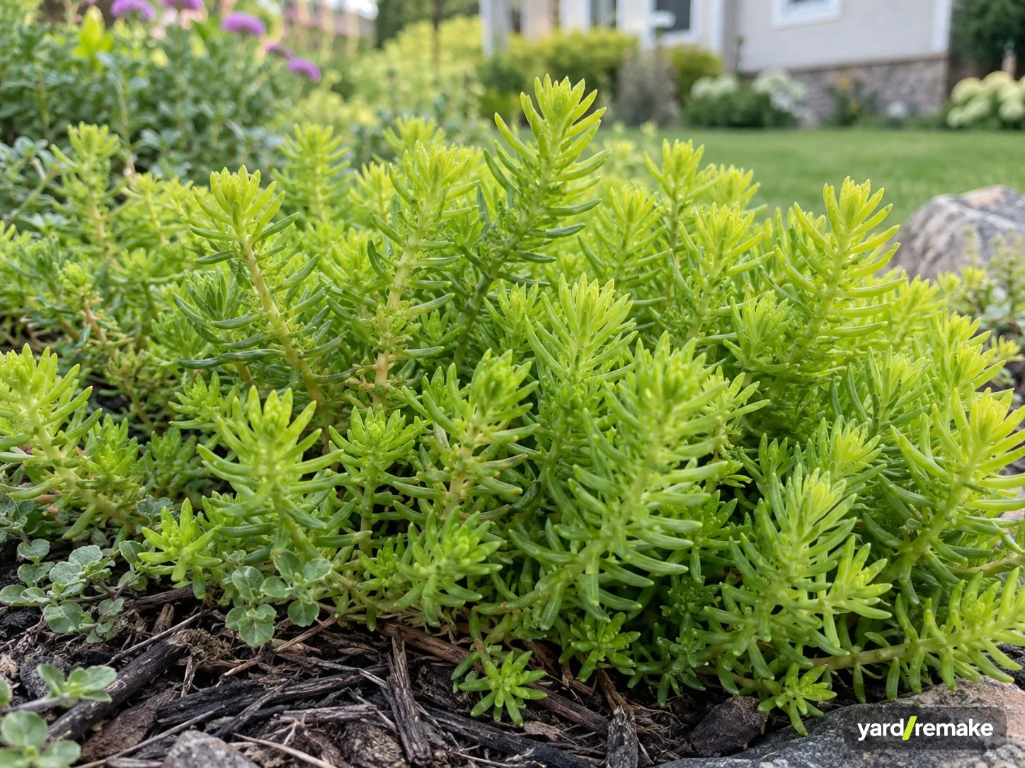 A mature Angelina Stonecrop (Sedum rupestre) growing in a residential garden bed