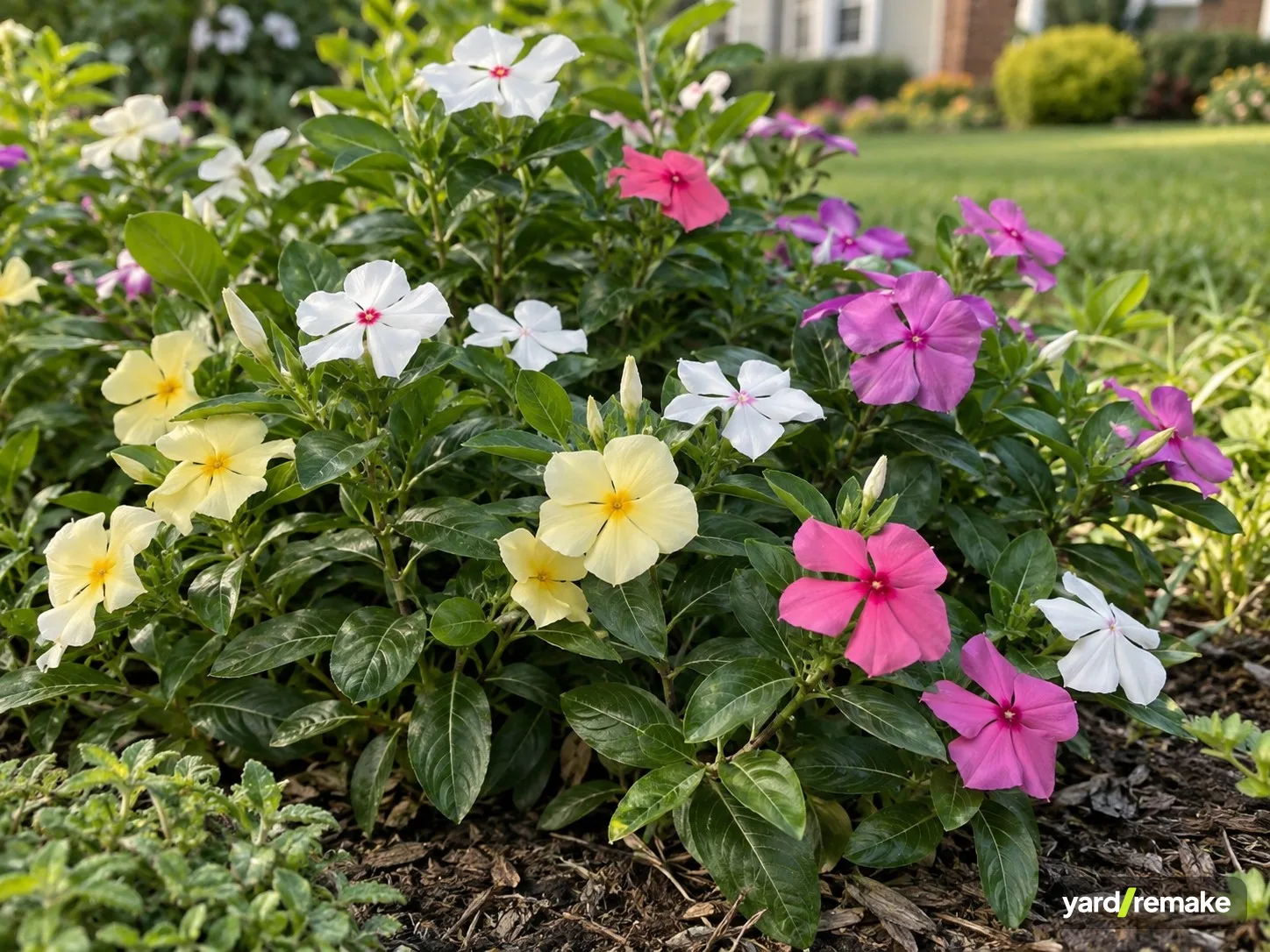 A mature Annual Vinca (Catharanthus roseus) growing in a residential garden bed