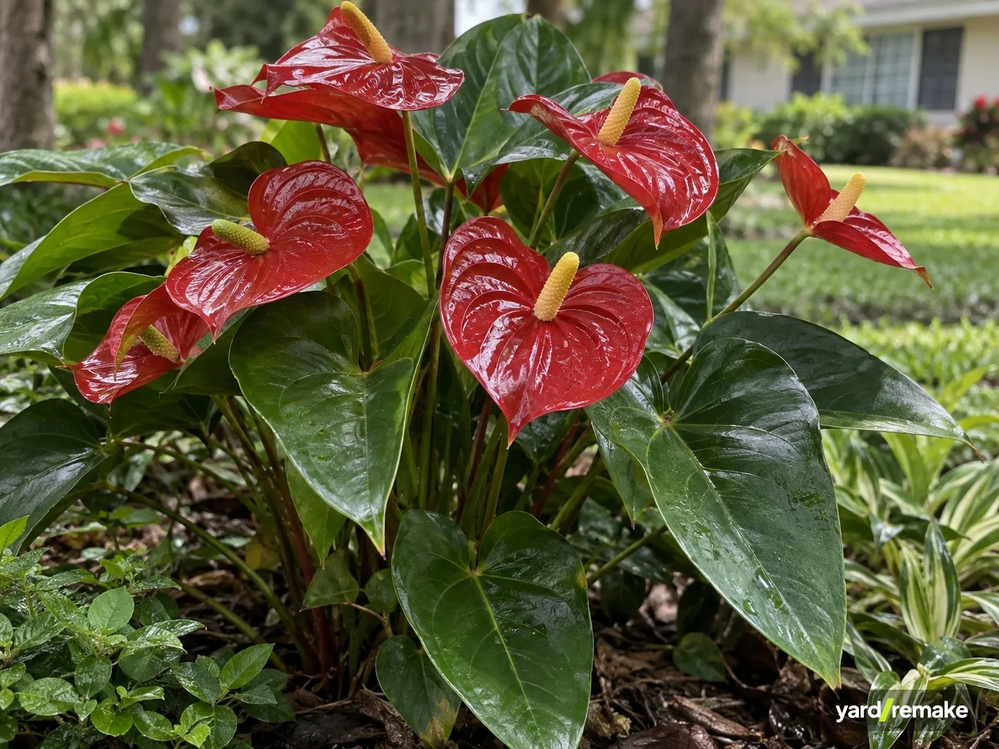 A mature Anthurium (Anthurium andraeanum) growing in a residential garden bed