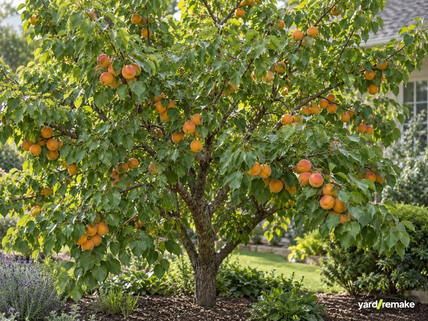 A mature Apricot Tree (Prunus armeniaca) growing in a residential garden bed
