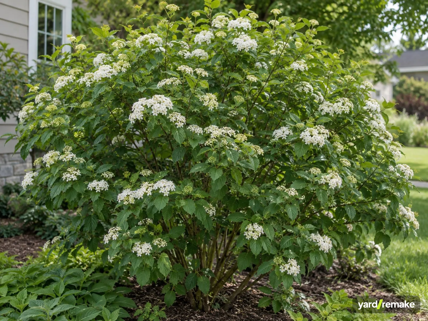 A mature Arrowwood Viburnum (Viburnum dentatum) growing in a residential garden bed