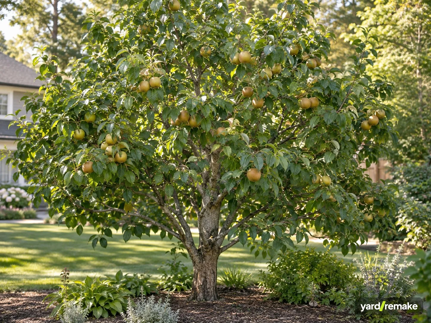 A mature Asian Pear (Pyrus pyrifolia) growing in a residential garden bed