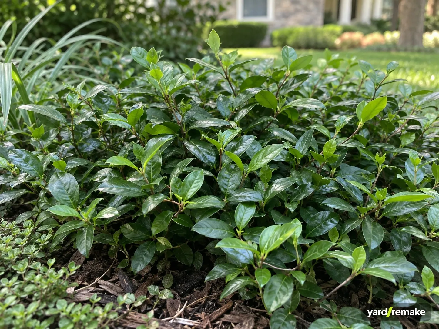 A mature Asiatic Jasmine (Trachelospermum asiaticum) growing in a residential garden bed