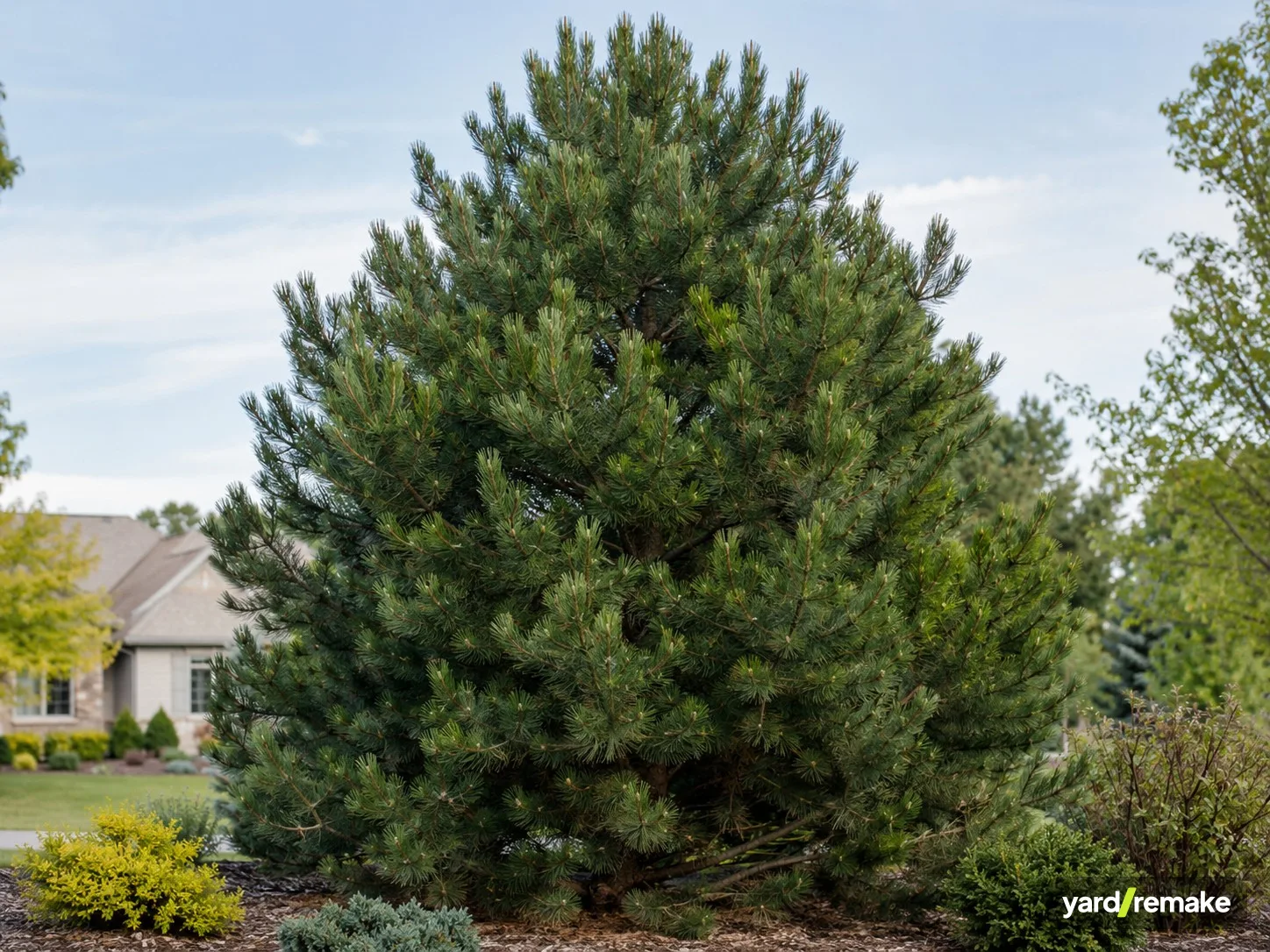 A mature Austrian Pine (Pinus nigra) growing in a residential garden bed