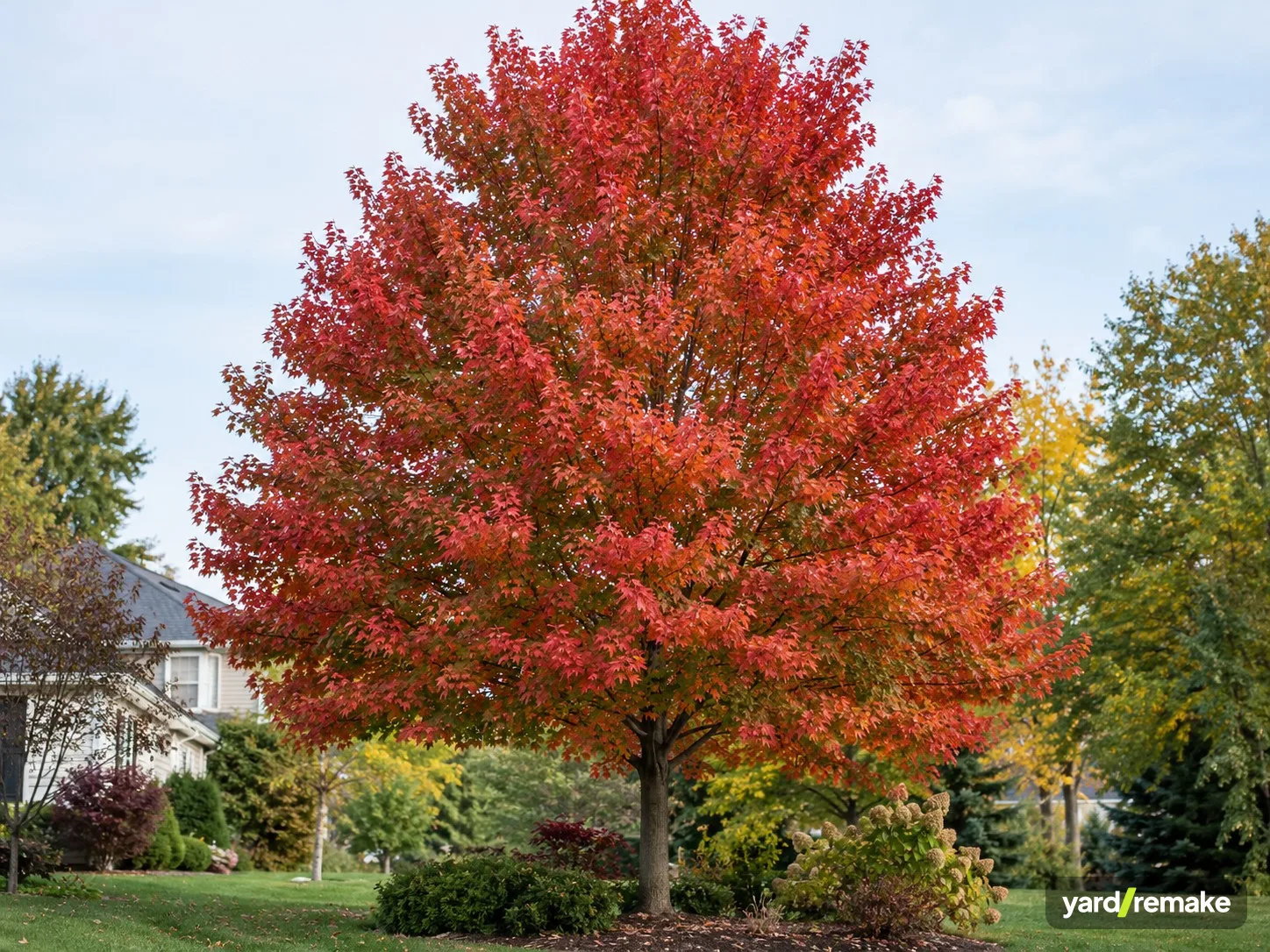 A mature Autumn Blaze Maple (Acer × freemanii) growing in a residential garden bed