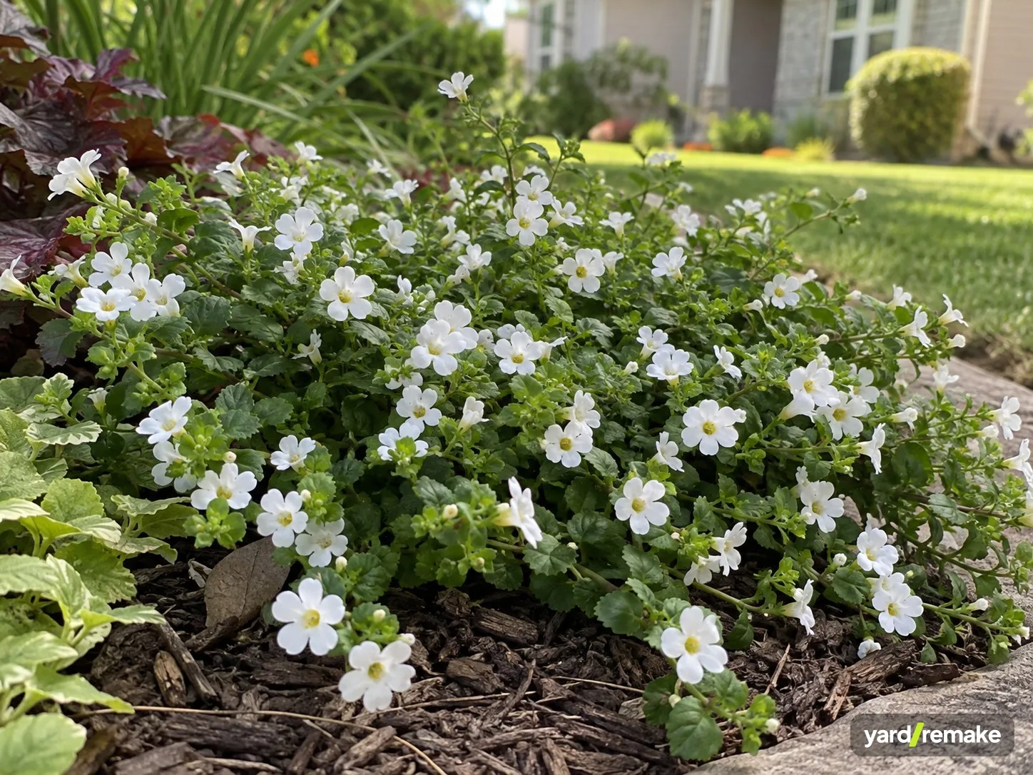 A mature Bacopa (Chaenostoma cordatum (syn. Sutera cordata)) growing in a residential garden bed