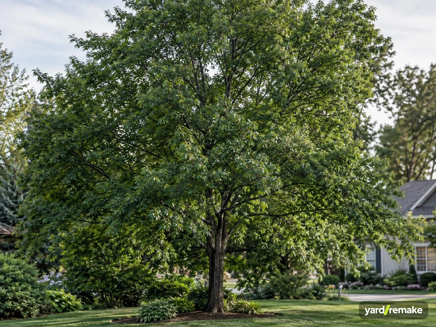 A mature Black Cherry (Prunus serotina) growing in a residential garden bed