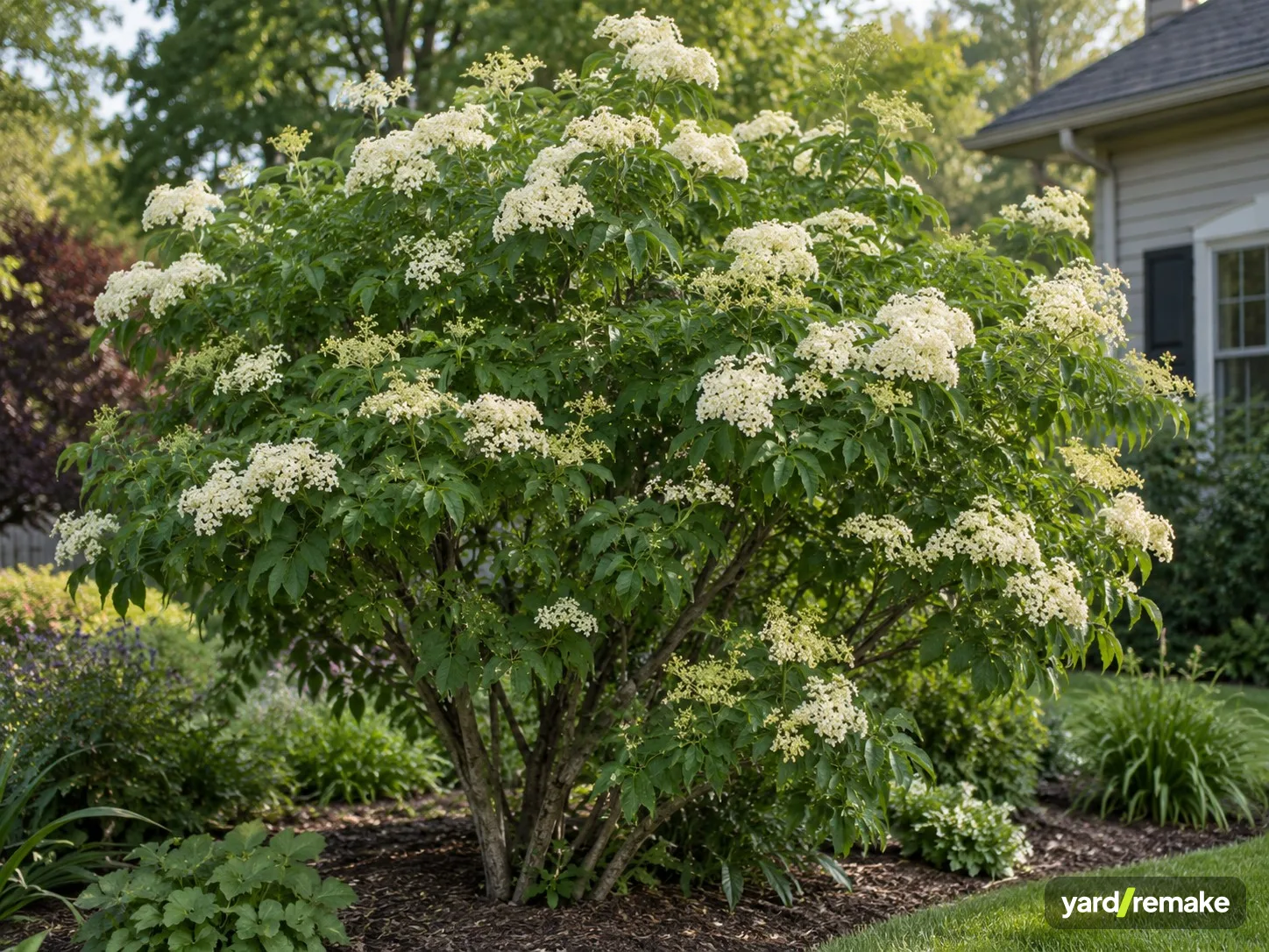 A mature Black Elderberry (Sambucus nigra) growing in a residential garden bed