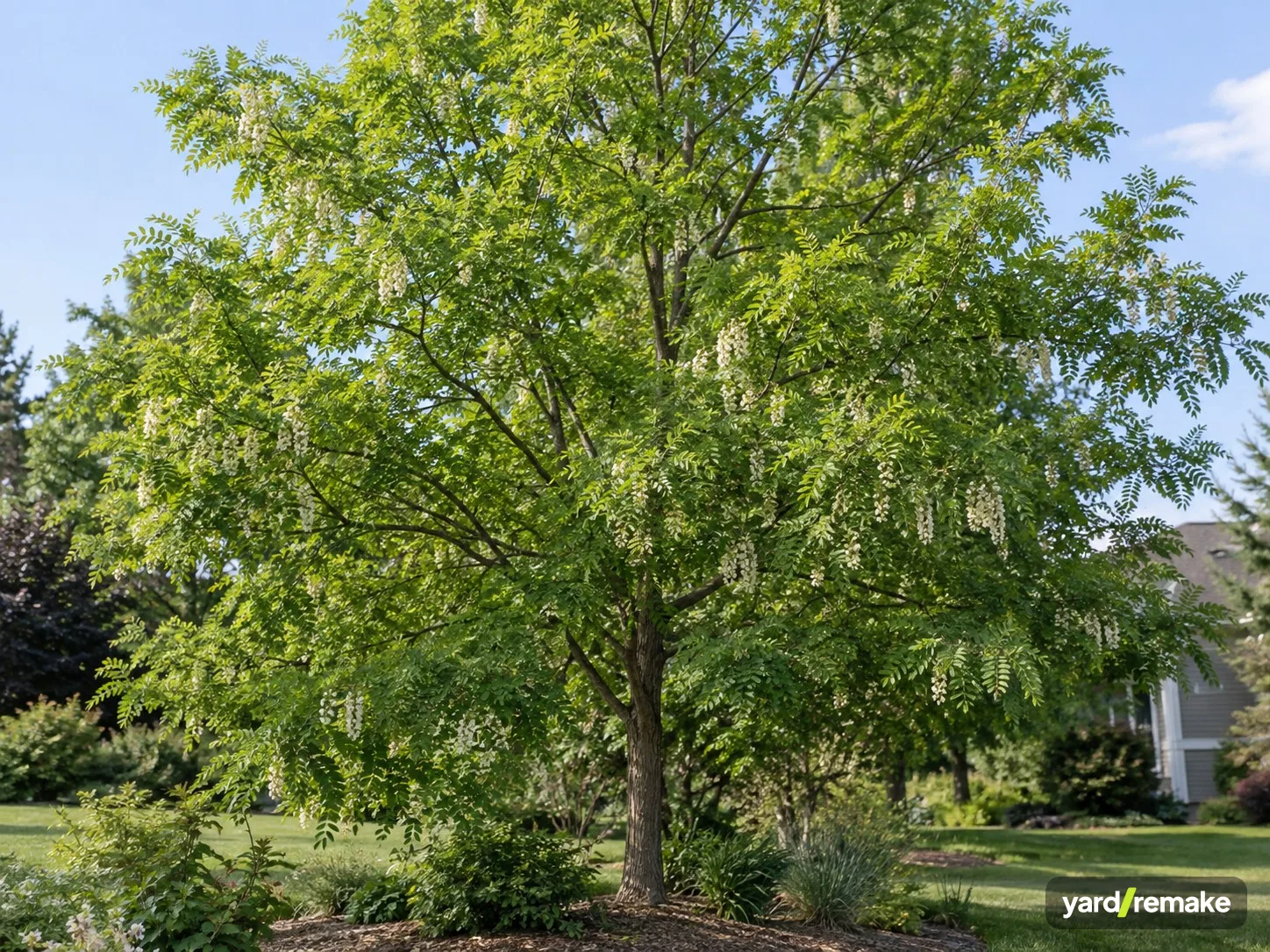 A mature Black Locust (Robinia pseudoacacia) growing in a residential garden bed