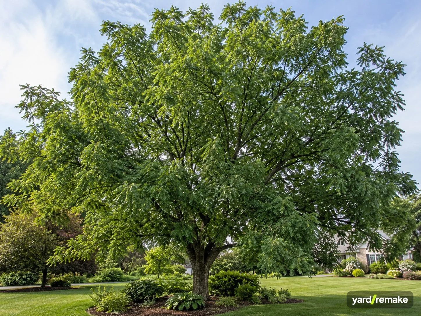 A mature Black Walnut (Juglans nigra) growing in a residential garden bed