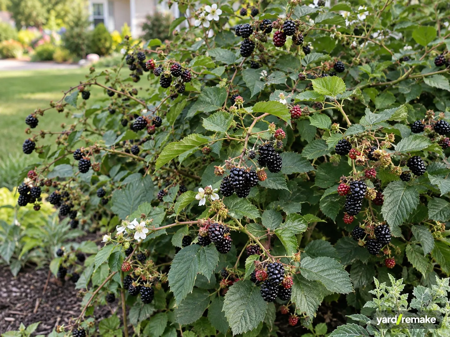 A mature Blackberry (Rubus fruticosus) growing in a residential garden bed