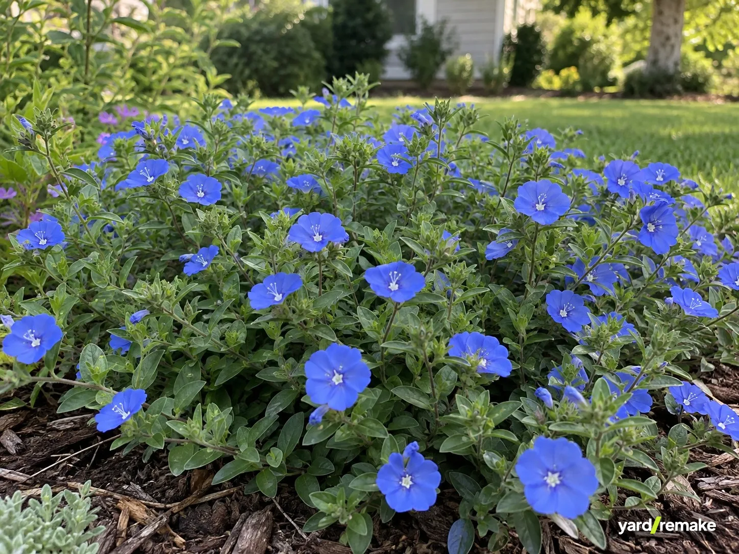 A mature Blue Daze (Evolvulus glomeratus) growing in a residential garden bed
