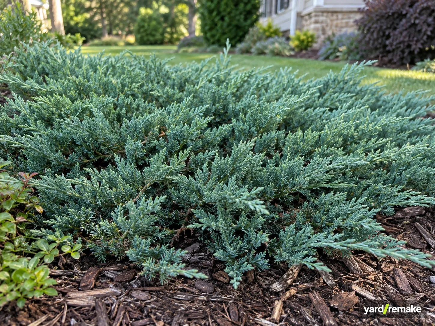 A mature Blue Rug Juniper (Juniperus horizontalis) growing in a residential garden bed