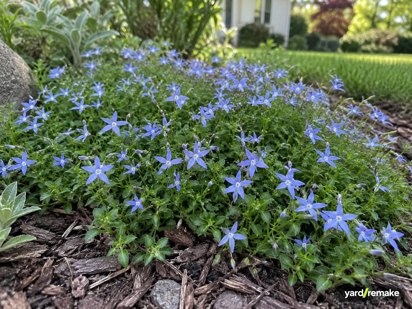 A mature Blue Star Creeper (Isotoma fluviatilis) growing in a residential garden bed