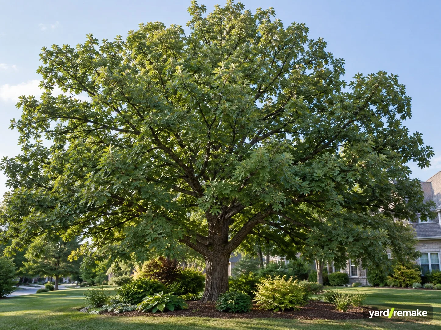 A mature Bur Oak (Quercus macrocarpa) growing in a residential garden bed