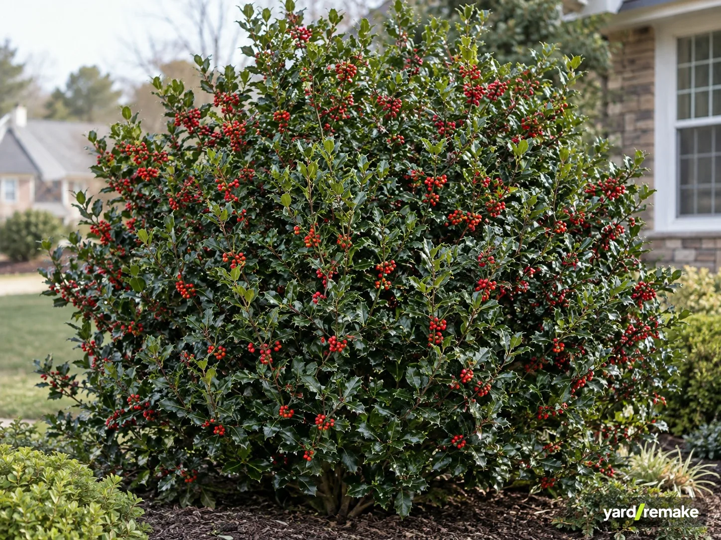 A mature Burford Holly (Ilex cornuta) growing in a residential garden bed