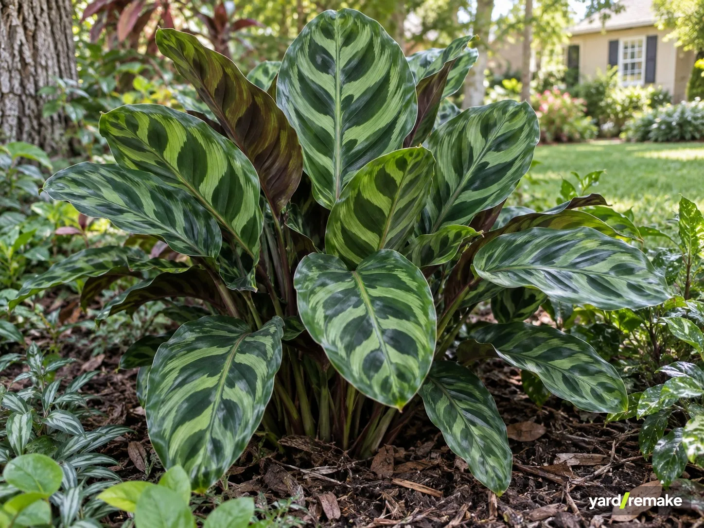 A mature Peacock Plant (Calathea) (Calathea makoyana) growing in a residential garden bed