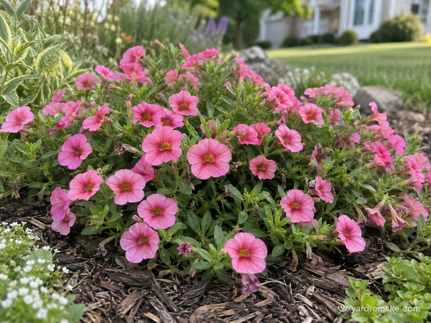 A mature Pink Calibrachoa (Calibrachoa hybrida) growing in a residential garden bed