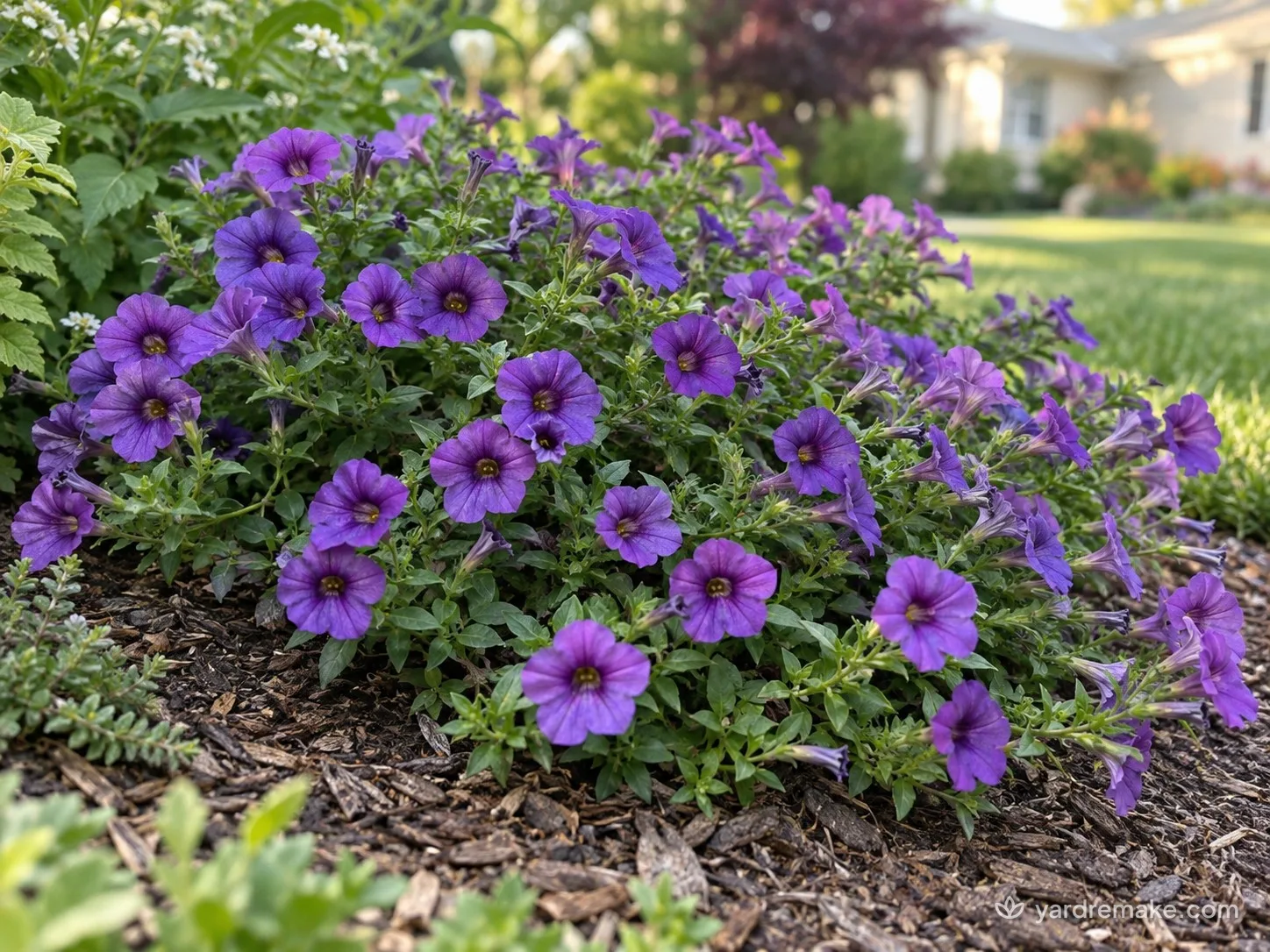 A mature Purple Calibrachoa (Calibrachoa hybrida) growing in a residential garden bed