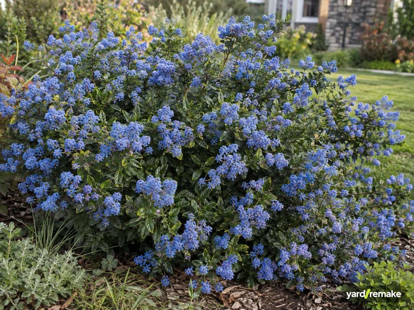 A mature California Lilac (Ceanothus thyrsiflorus) growing in a residential garden bed