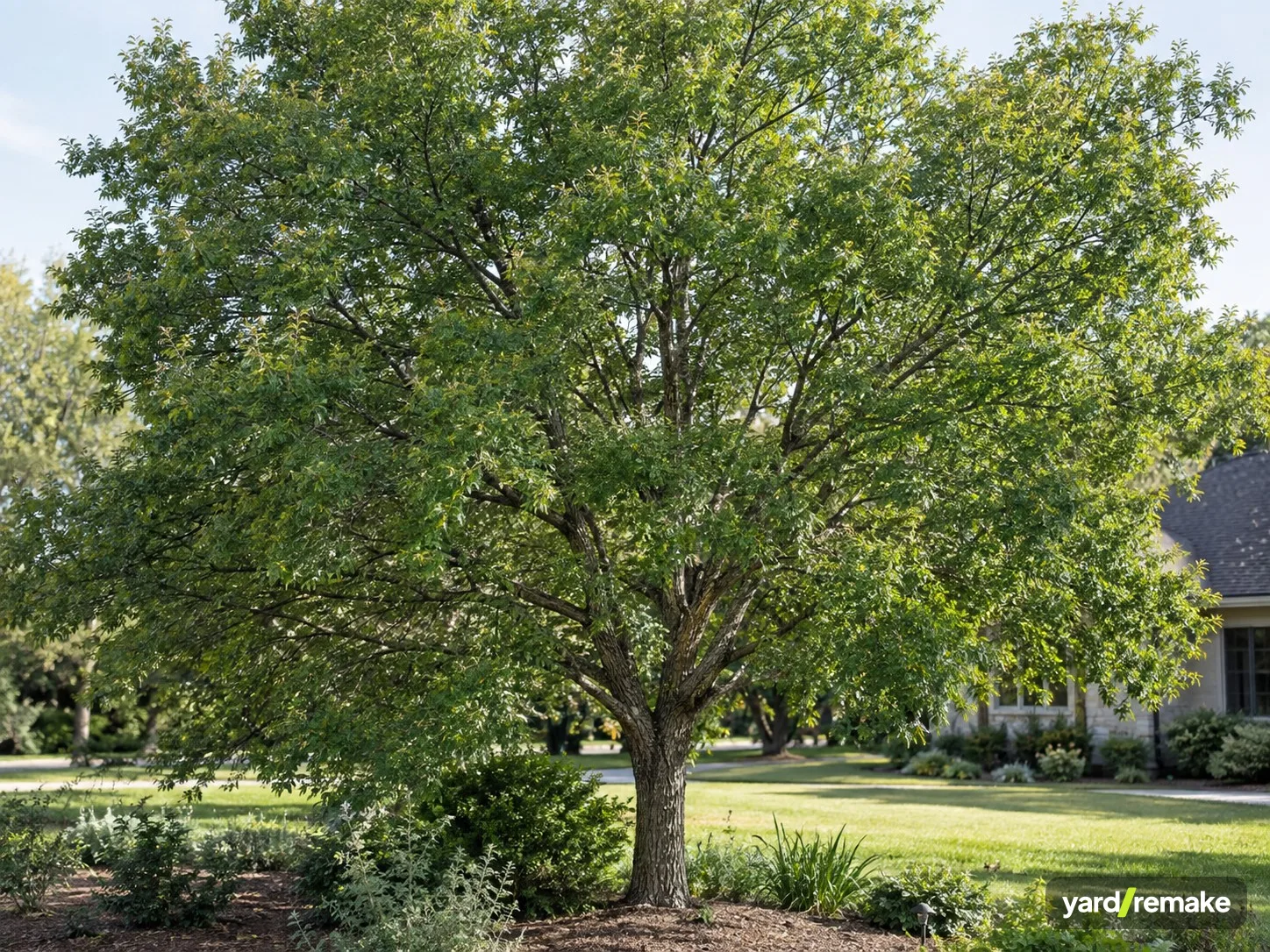 A mature Cedar Elm (Ulmus crassifolia) growing in a residential garden bed
