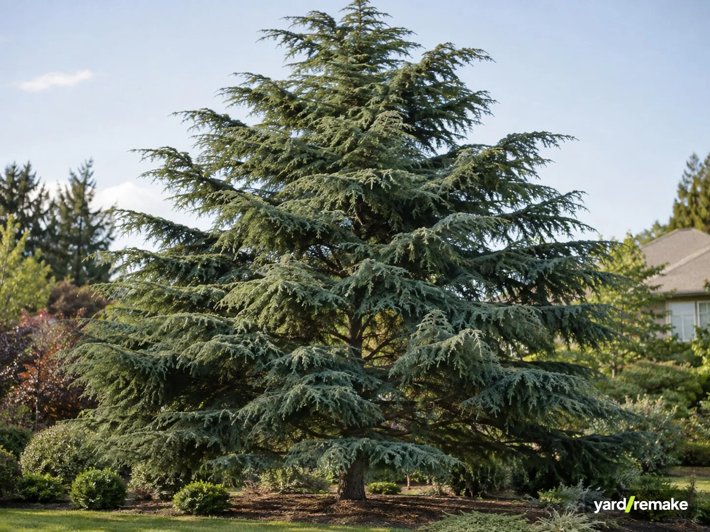 A mature Cedar of Lebanon (Cedrus libani) growing in a residential garden bed