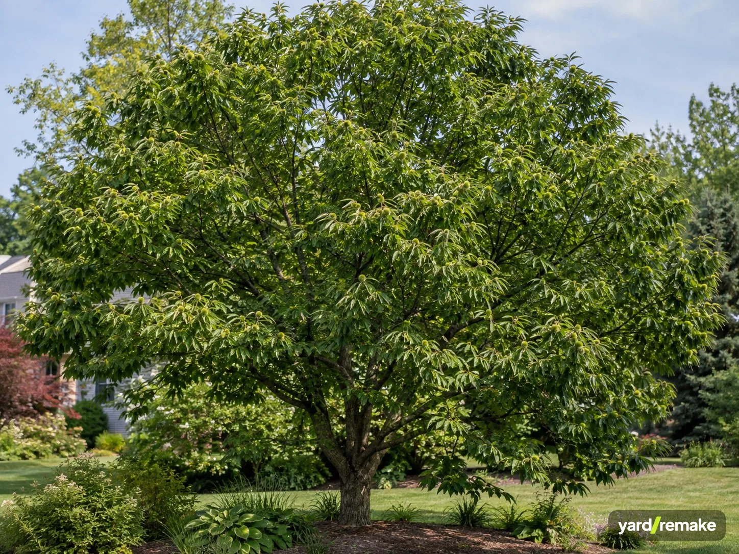 A mature Chinese Chestnut (Castanea mollissima) growing in a residential garden bed