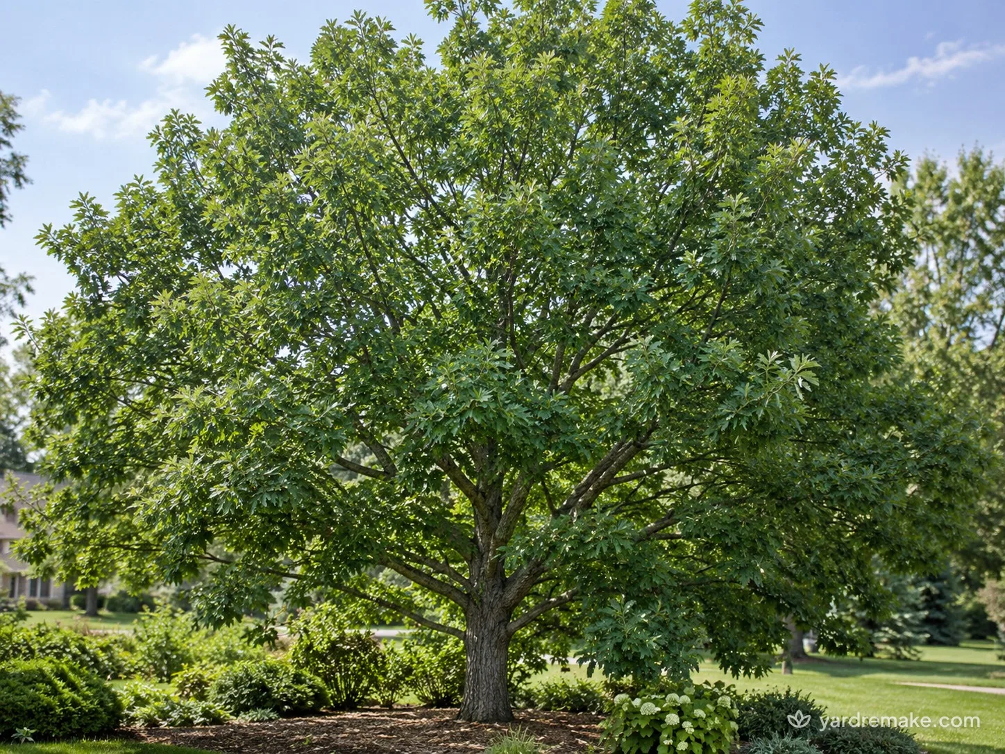 A mature Chinkapin Oak (Quercus muehlenbergii) growing in a residential garden bed