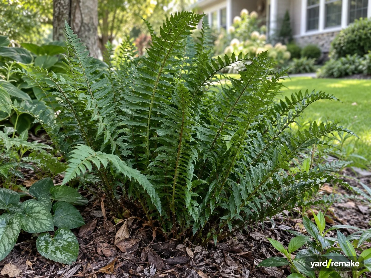 A mature Christmas Fern (Polystichum acrostichoides) growing in a residential garden bed
