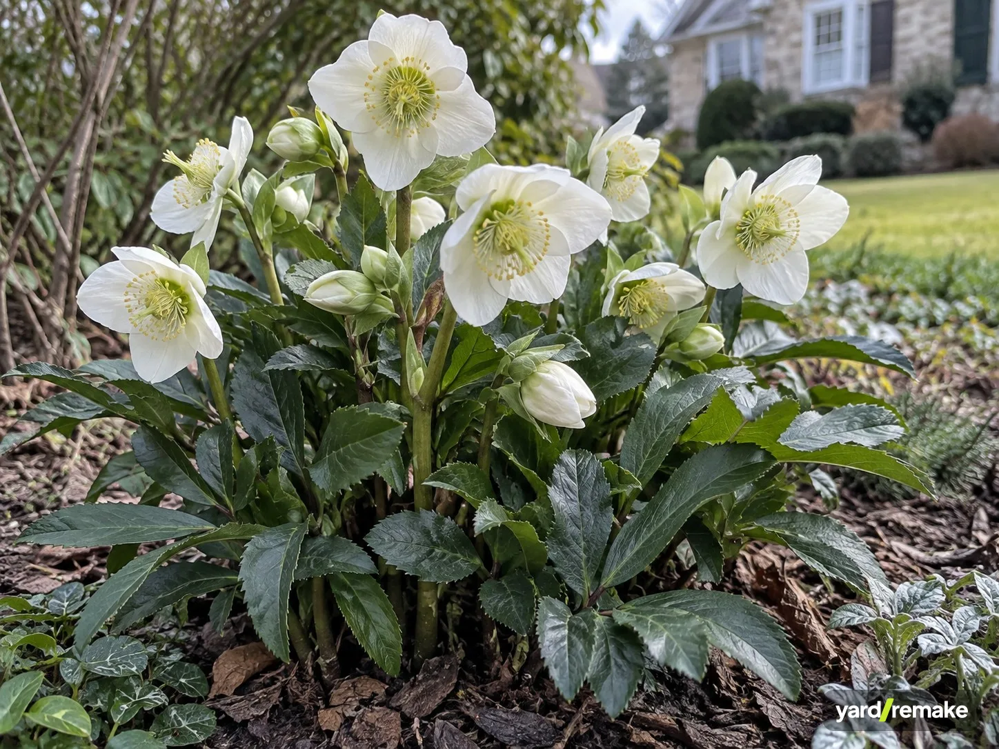 A mature Christmas Rose (Helleborus niger) growing in a residential garden bed