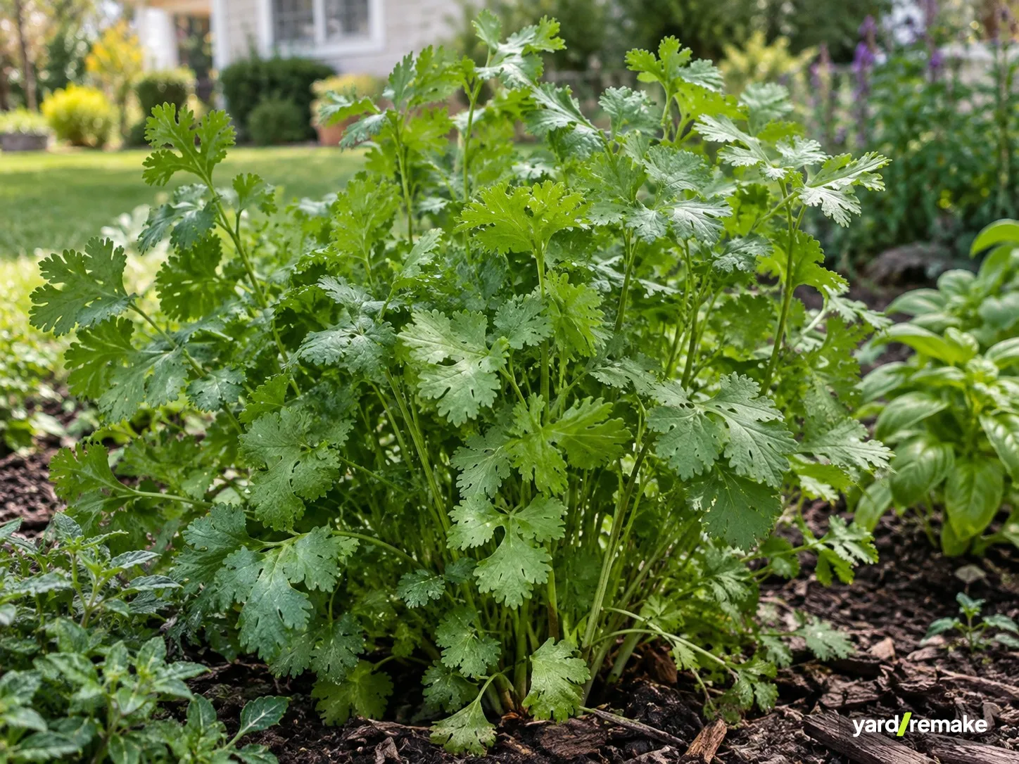 A mature Cilantro (Coriandrum sativum) growing in a residential garden bed