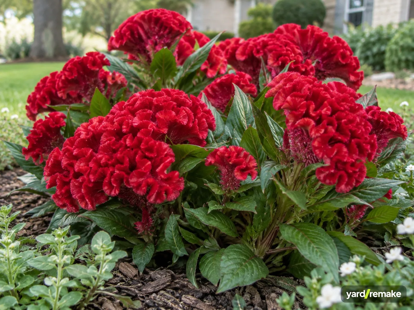 A mature Cockscomb Celosia (Celosia argentea var. cristata) growing in a residential garden bed
