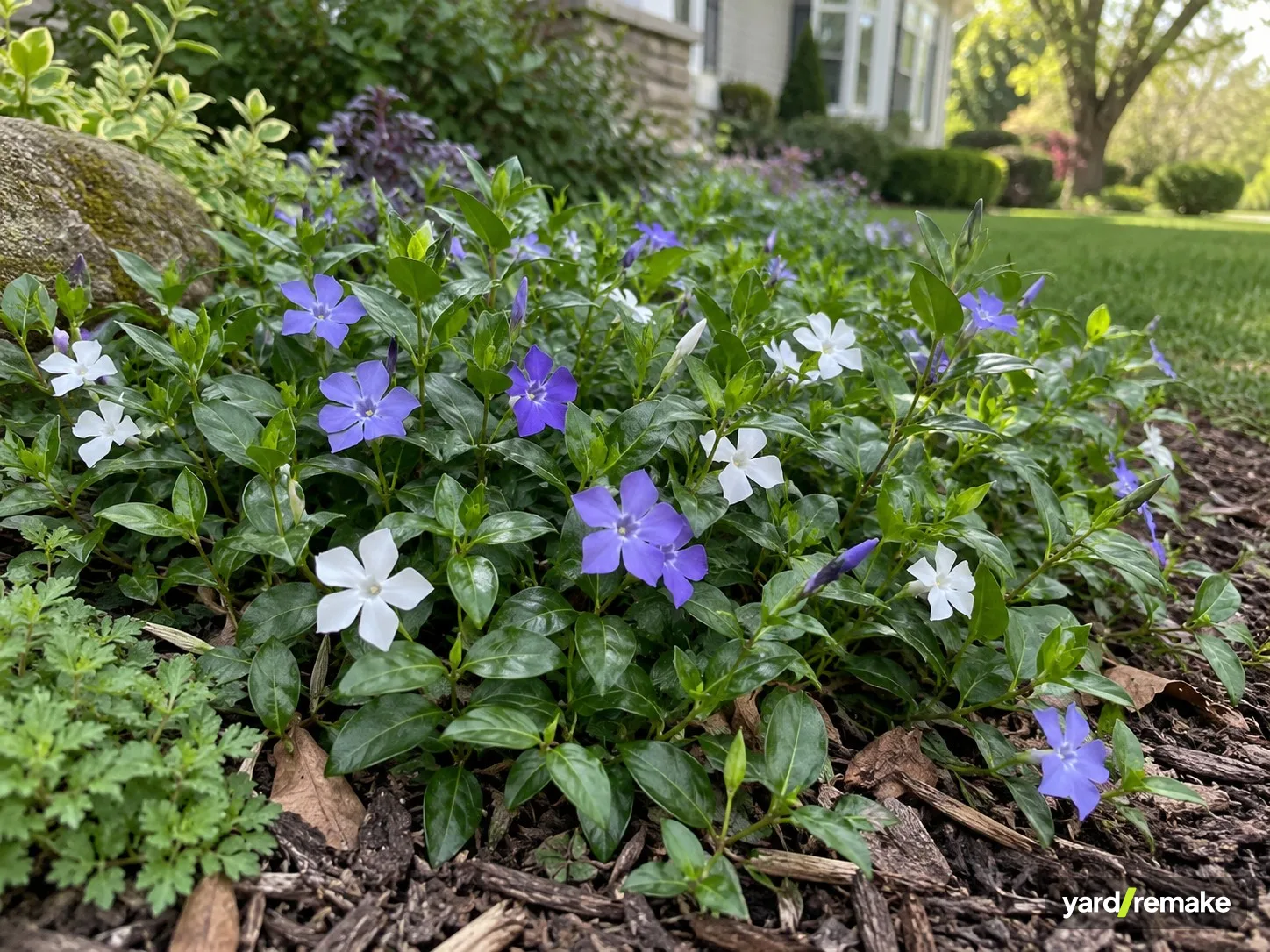 A mature Common Periwinkle (Vinca minor) growing in a residential garden bed