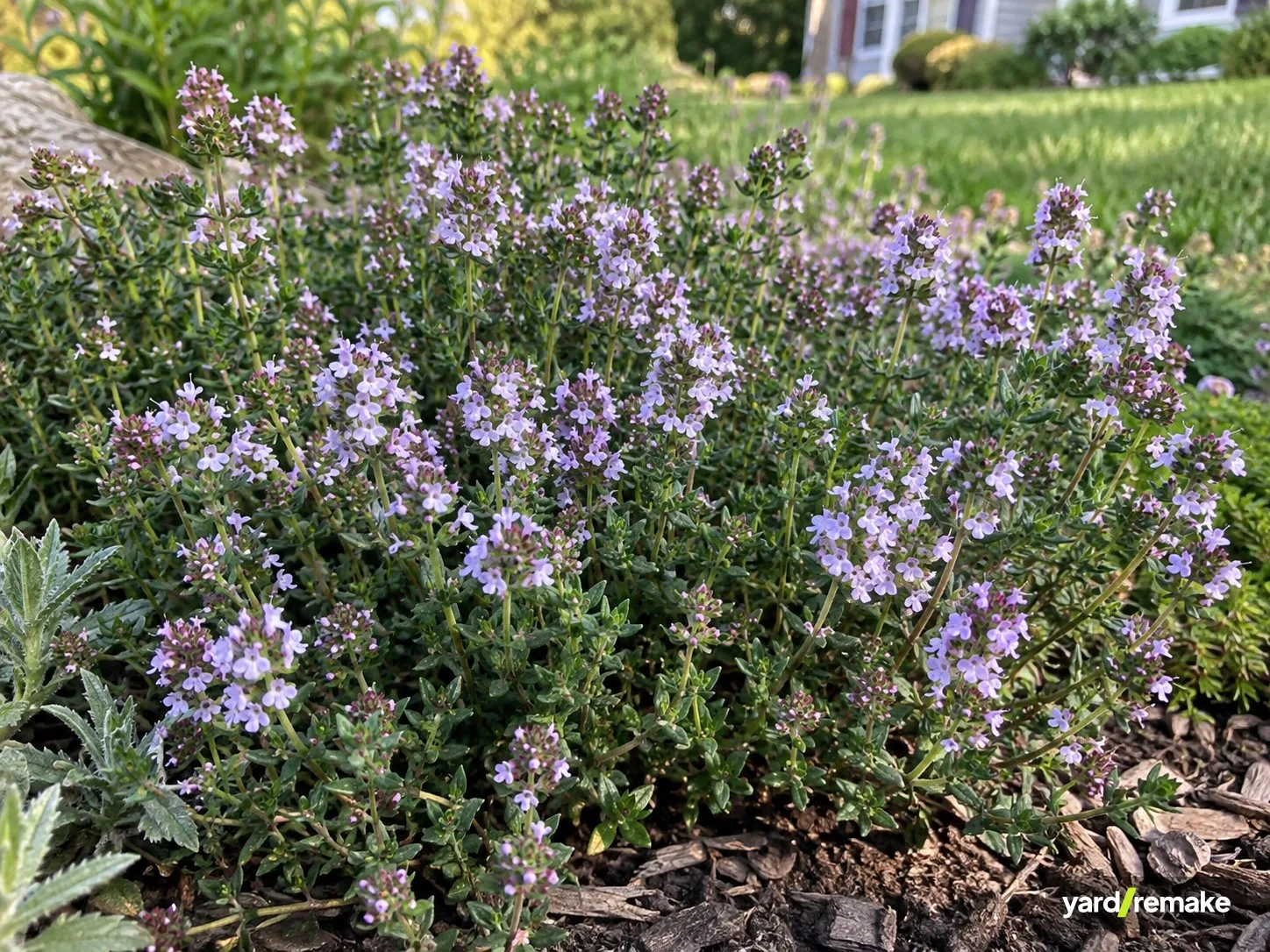 A mature Common Thyme (Thymus vulgaris) growing in a residential garden bed