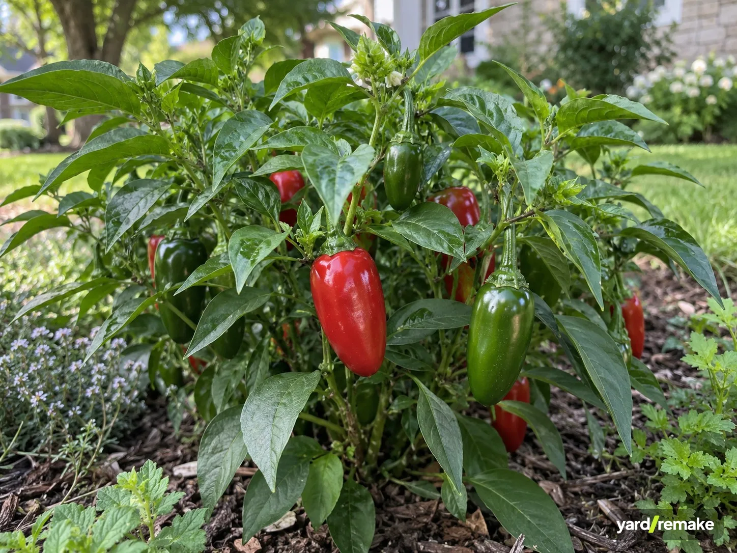 A mature Compact Ornamental / Snacking Pepper (Capsicum annuum (compact cultivars — 'Jalapeno M', compact bell, small snacking types)) growing in a residential garden bed