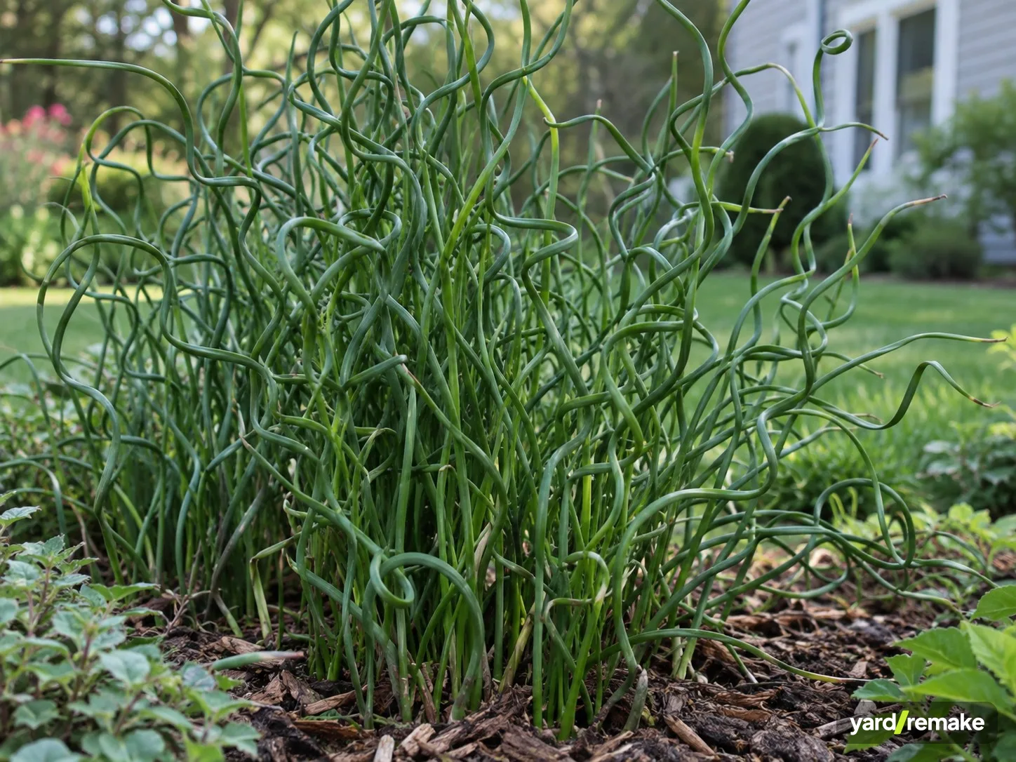 A mature Corkscrew Rush (Juncus effusus f. spiralis) growing in a residential garden bed