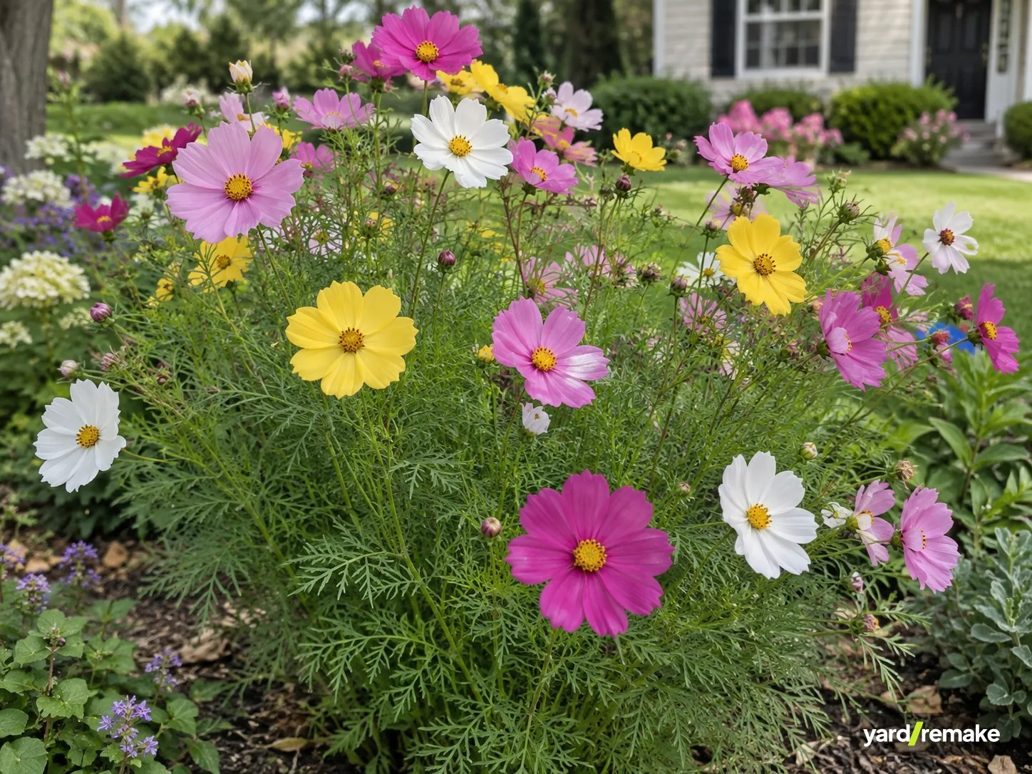 A mature Cosmos (Cosmos bipinnatus) growing in a residential garden bed