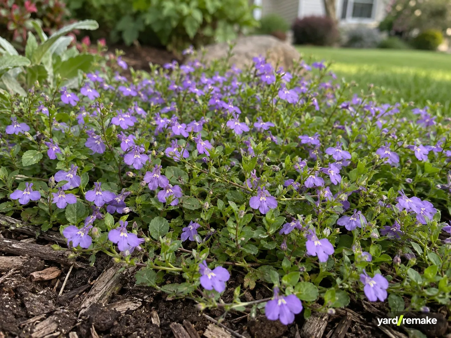 A mature Creeping Mazus (Mazus reptans) growing in a residential garden bed
