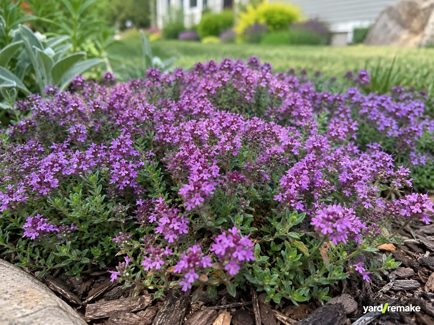 A mature Creeping Thyme (Thymus serpyllum) growing in a residential garden bed