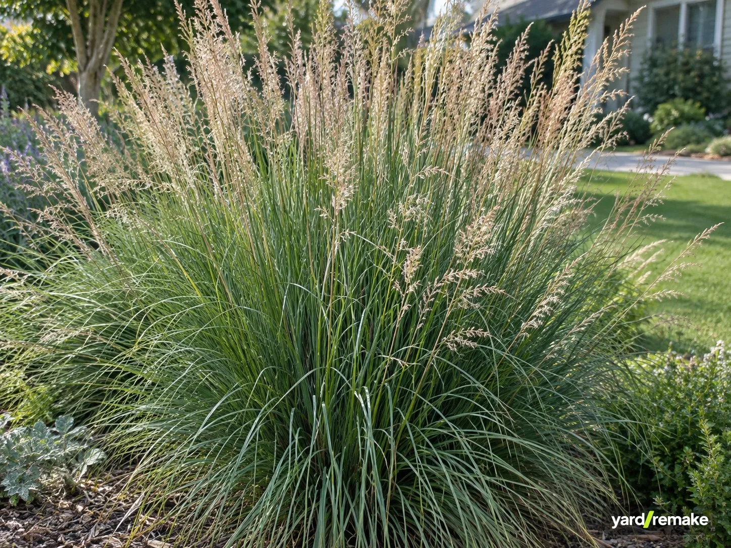 A mature Deer Grass (Muhlenbergia rigens) growing in a residential garden bed